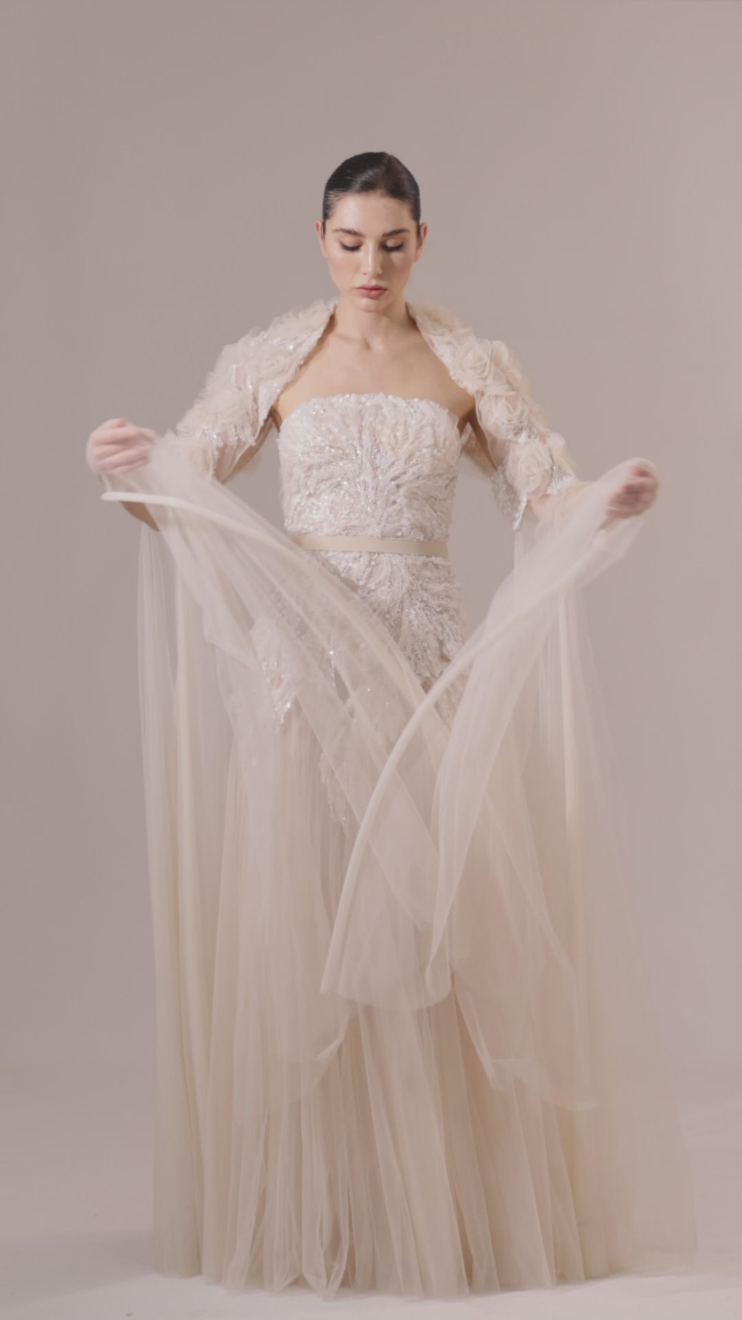 17930 Ecru Sheer Sleeve Embroidered Tulle Overlay Dress