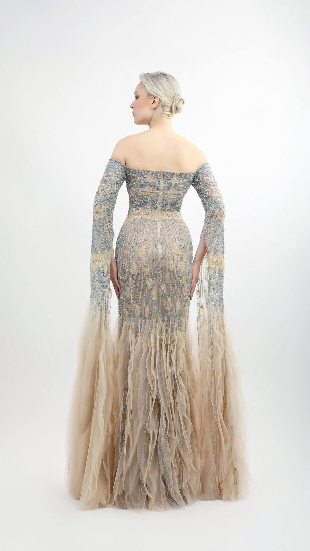 Hand-Embroidered Off-Shoulder Tulle Gown – Bilal El Dana