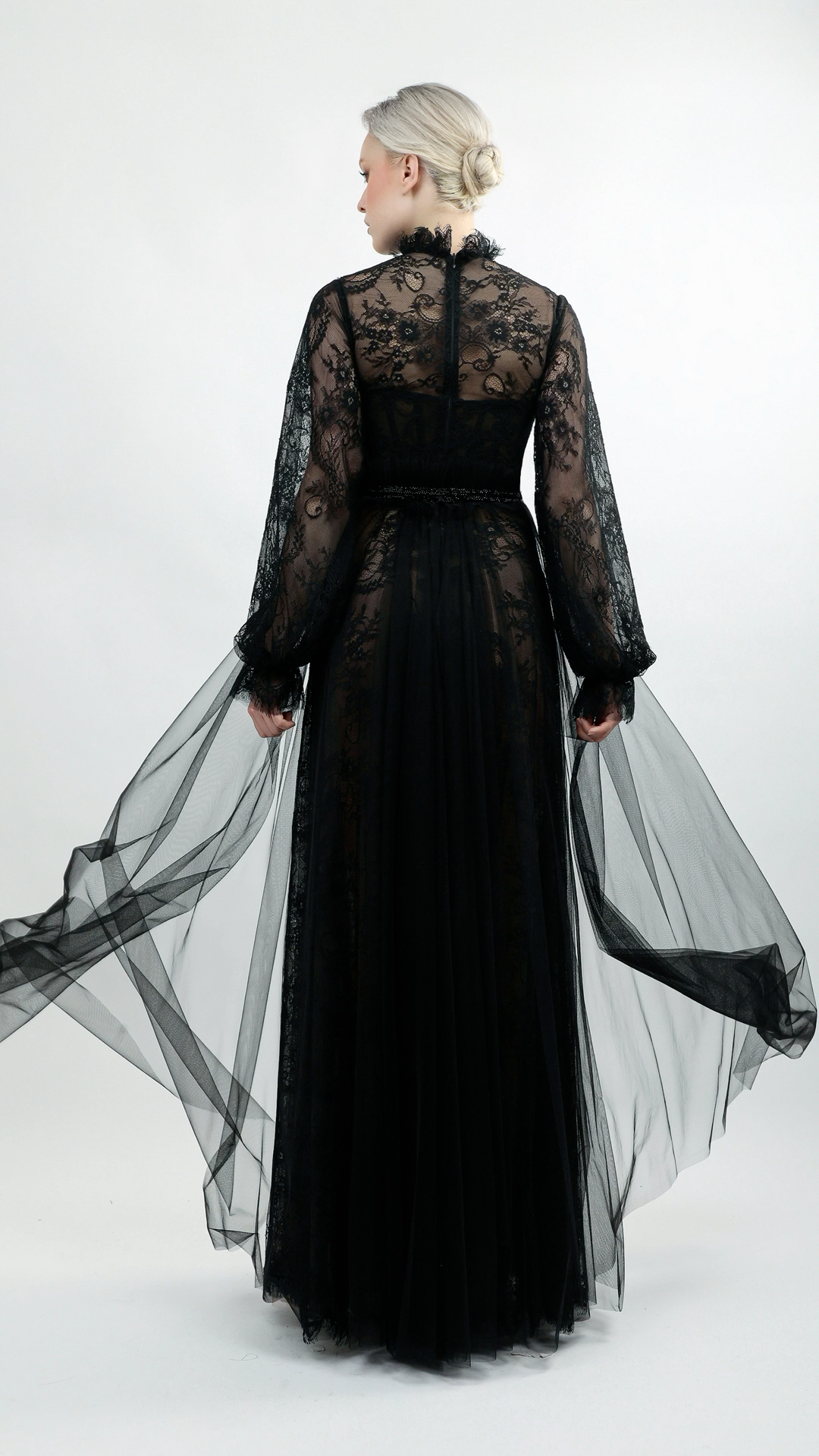 Lace and tule dress with high neck long sleeve with beading |1004