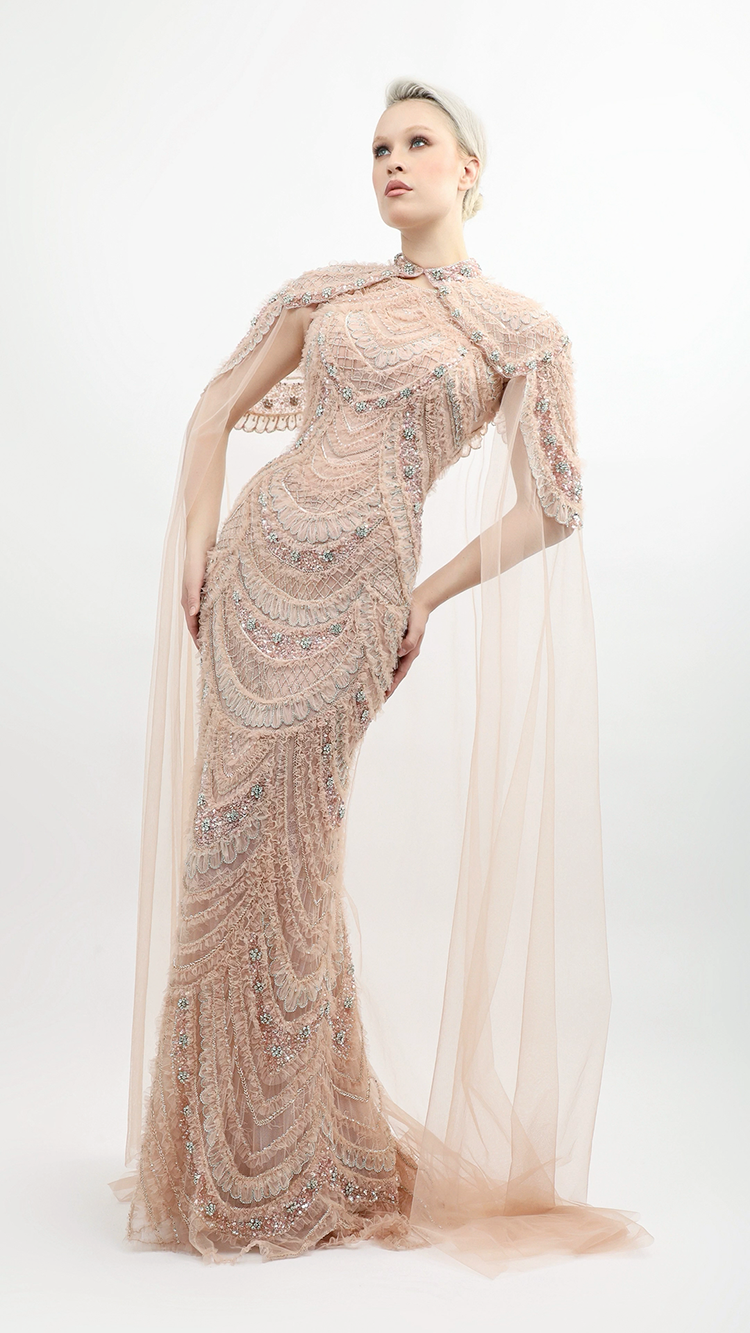 Fully Embroidered Tulle Gown with Cape | 1005