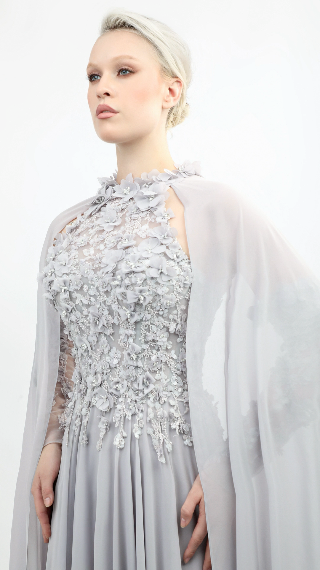 High-Neck Mousseline Gown with Handmade Flowers and Embroidery