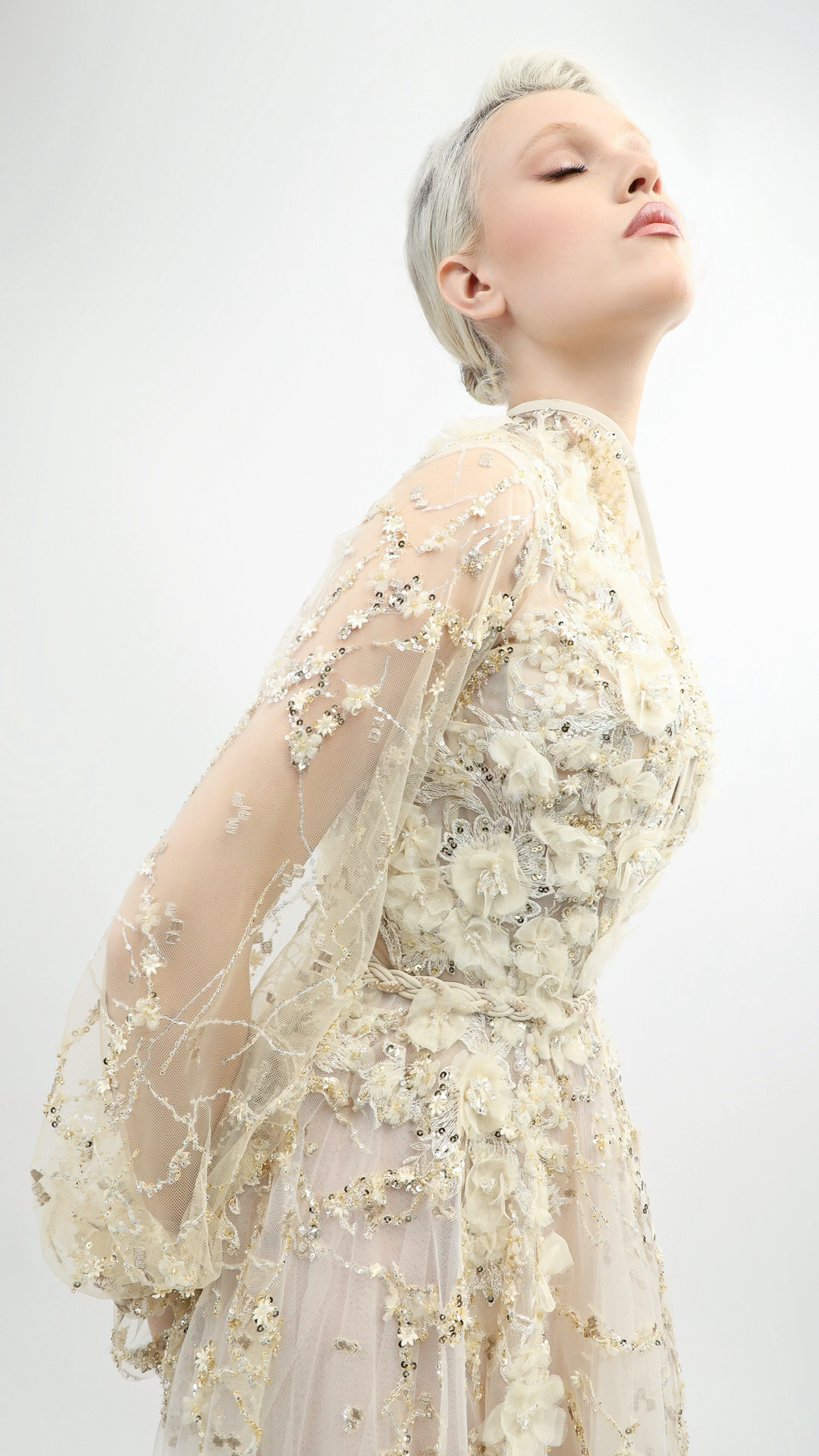 Tulle Gown with Handmade Embroidery and Puffy Sleeves | 1008