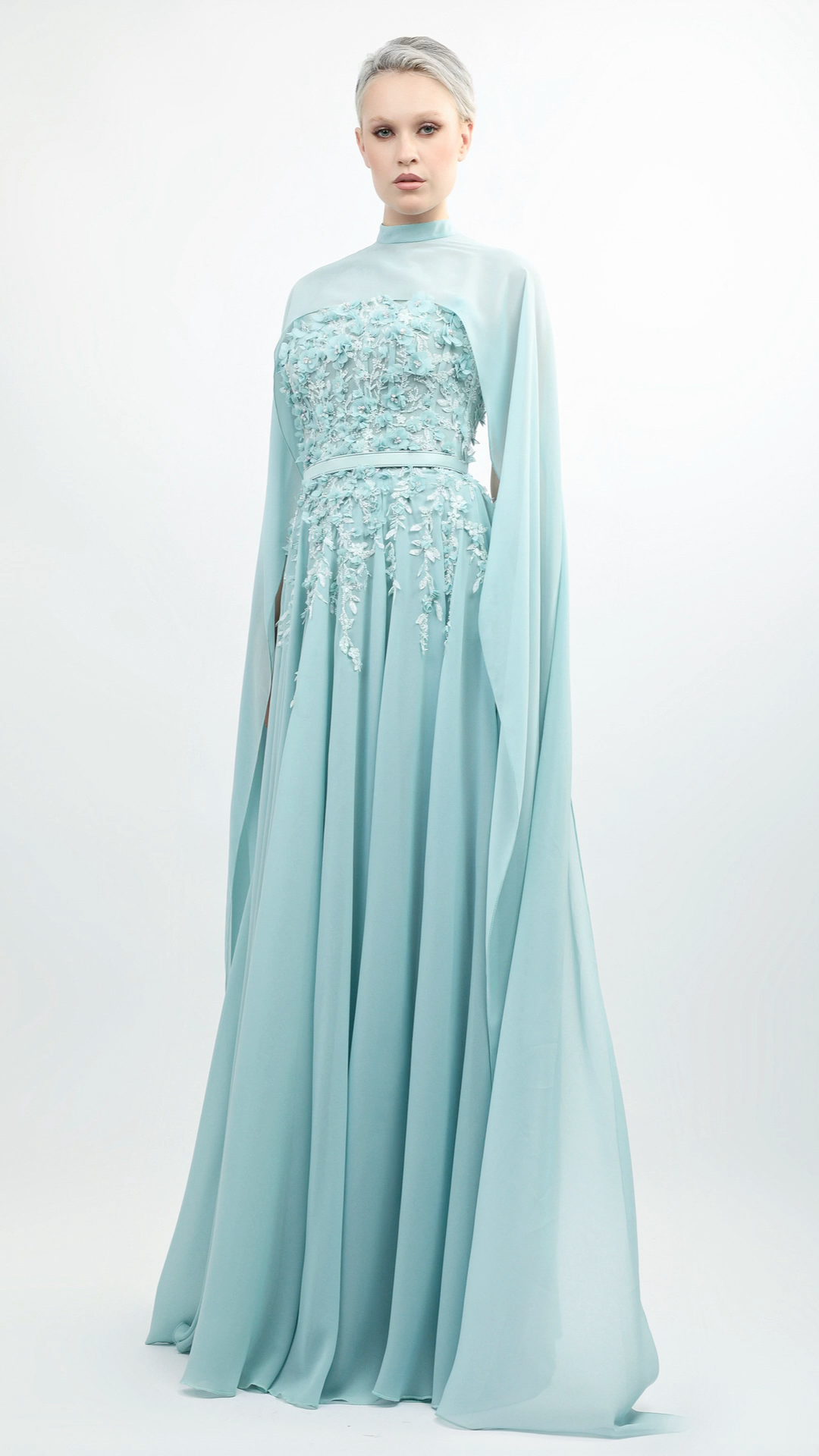 flowy dress with cape Luxury Pink Beaded Flowy Cape Sleeve Evening Dress SS367