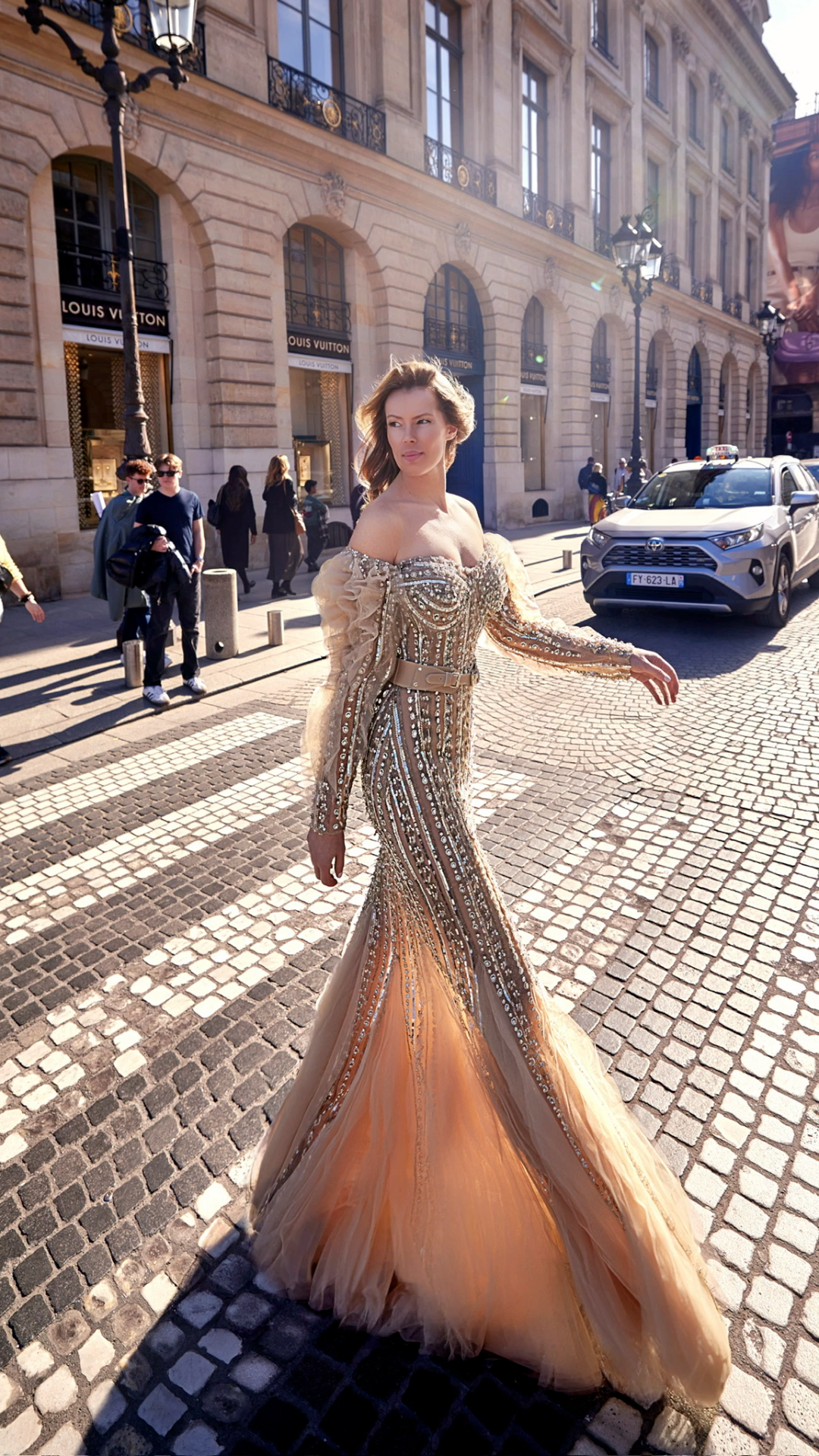 Embroidered Tulle Gown with Long Sleeves and Belt | 1016