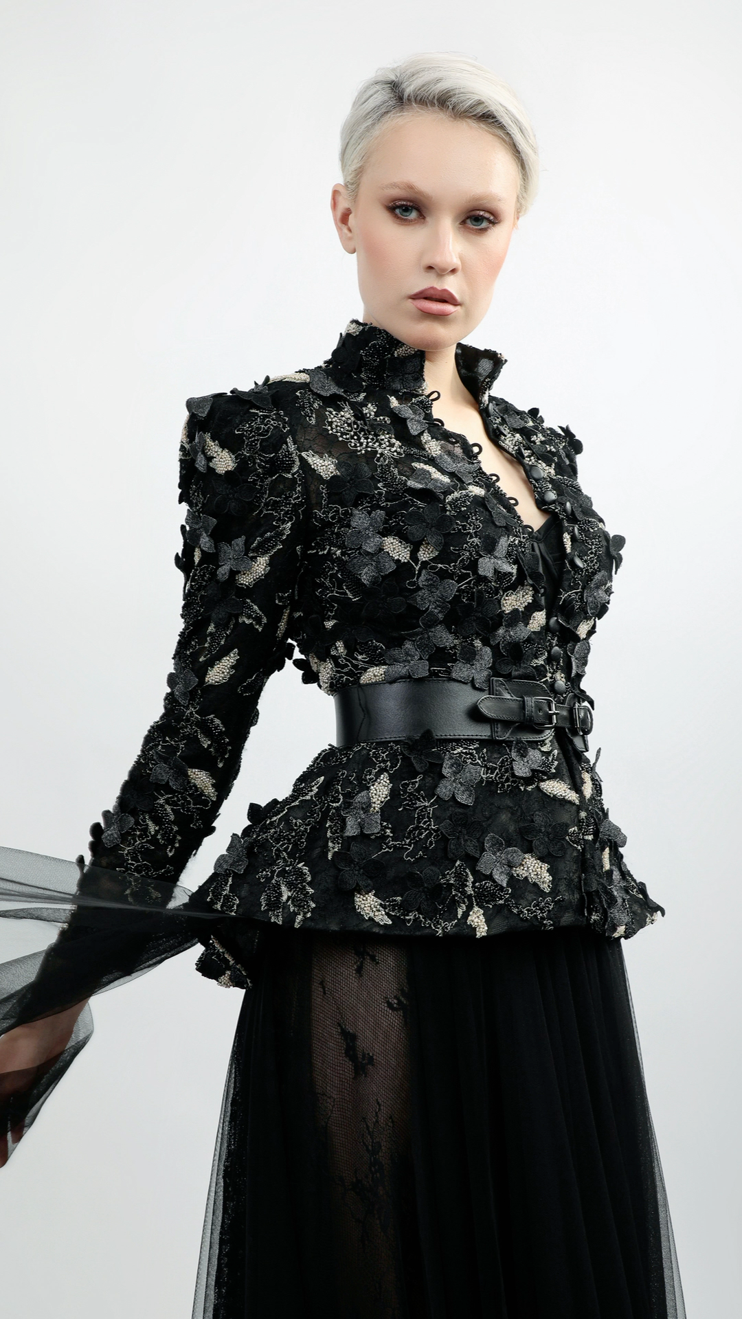 Tulle and Lace A-Line Gown with Floral Embroidery and Belt | 1018