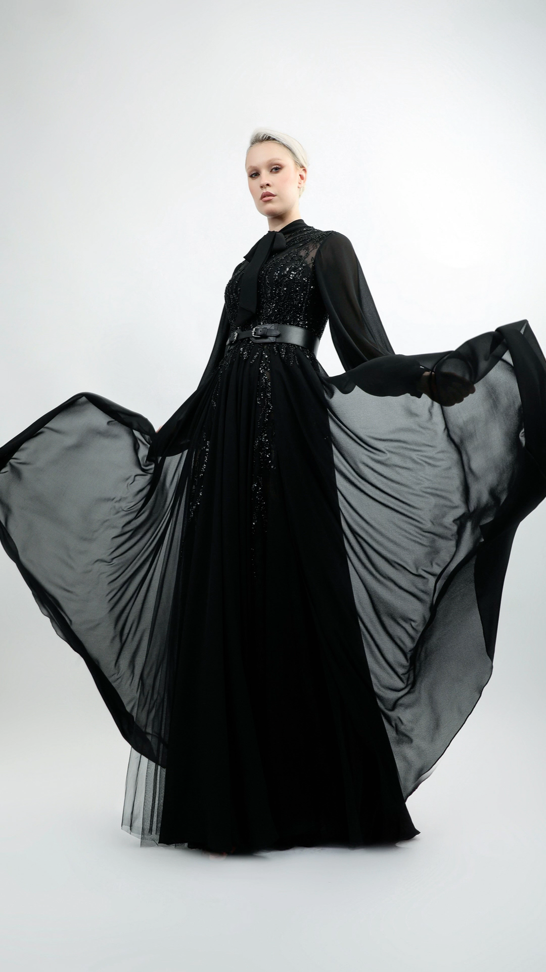 Long Mousseline Gown with Puffy Sleeves, Lace, and Embroidery | 1019