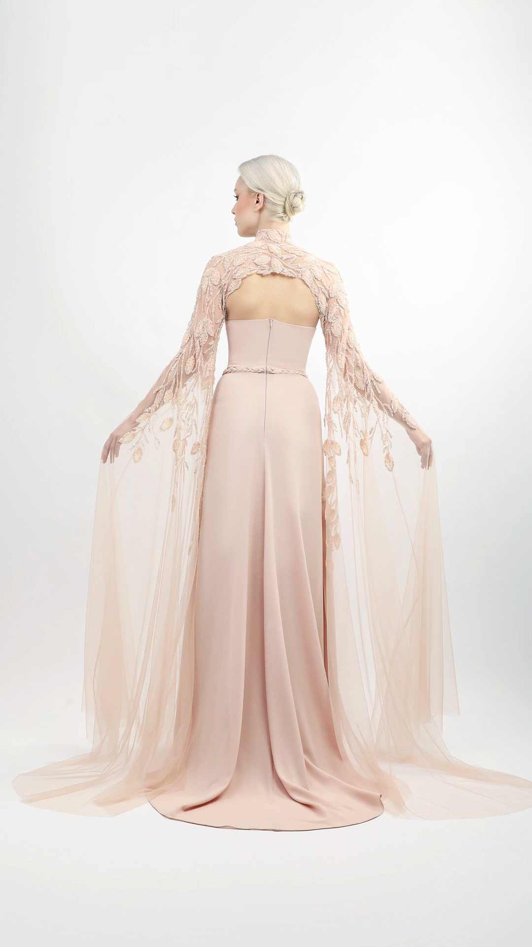 Strapless Crepe Gown with Embroidered Cape | 1024