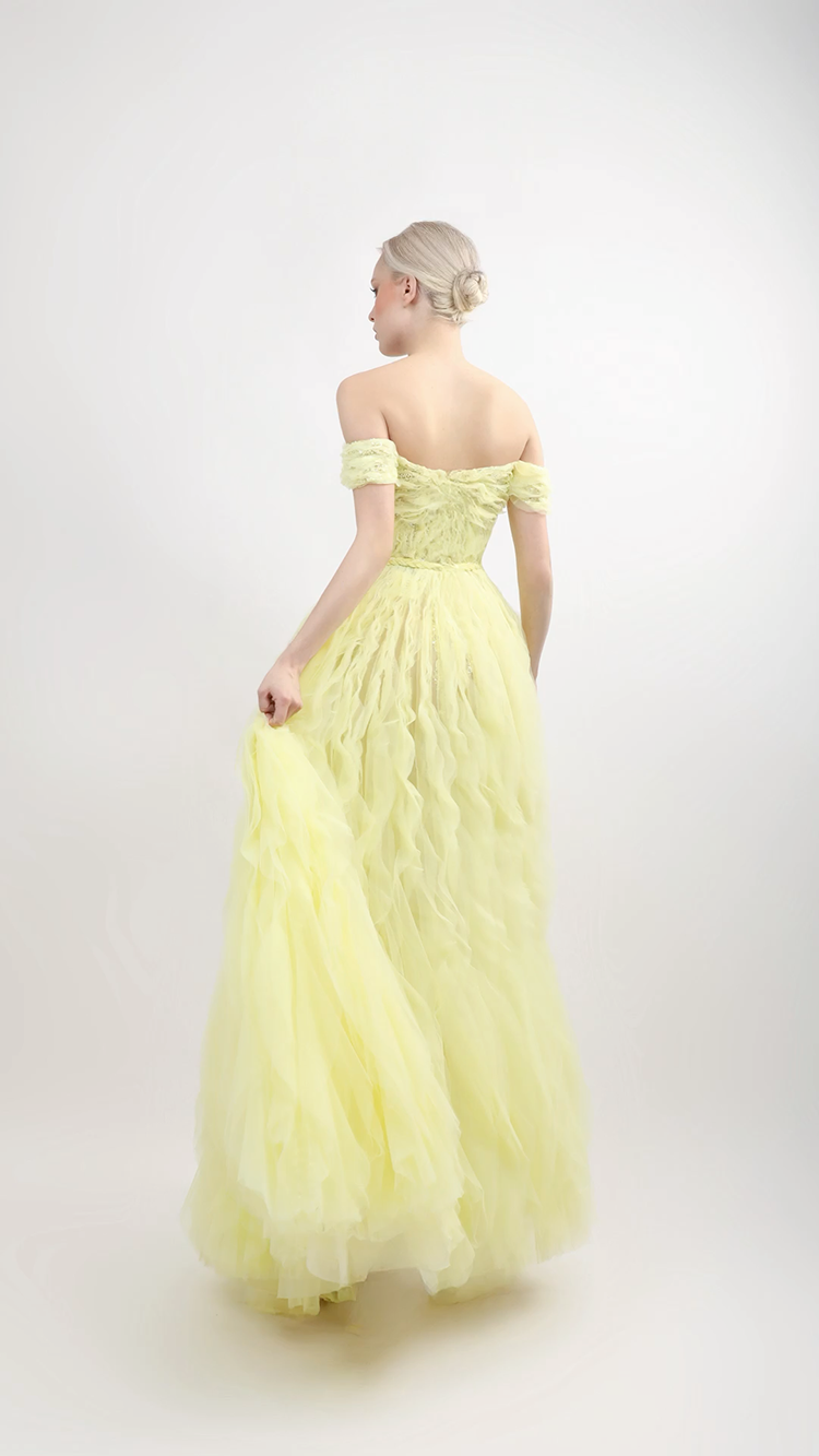 Off-Shoulder Puffy Gown with Embroidery | 1025