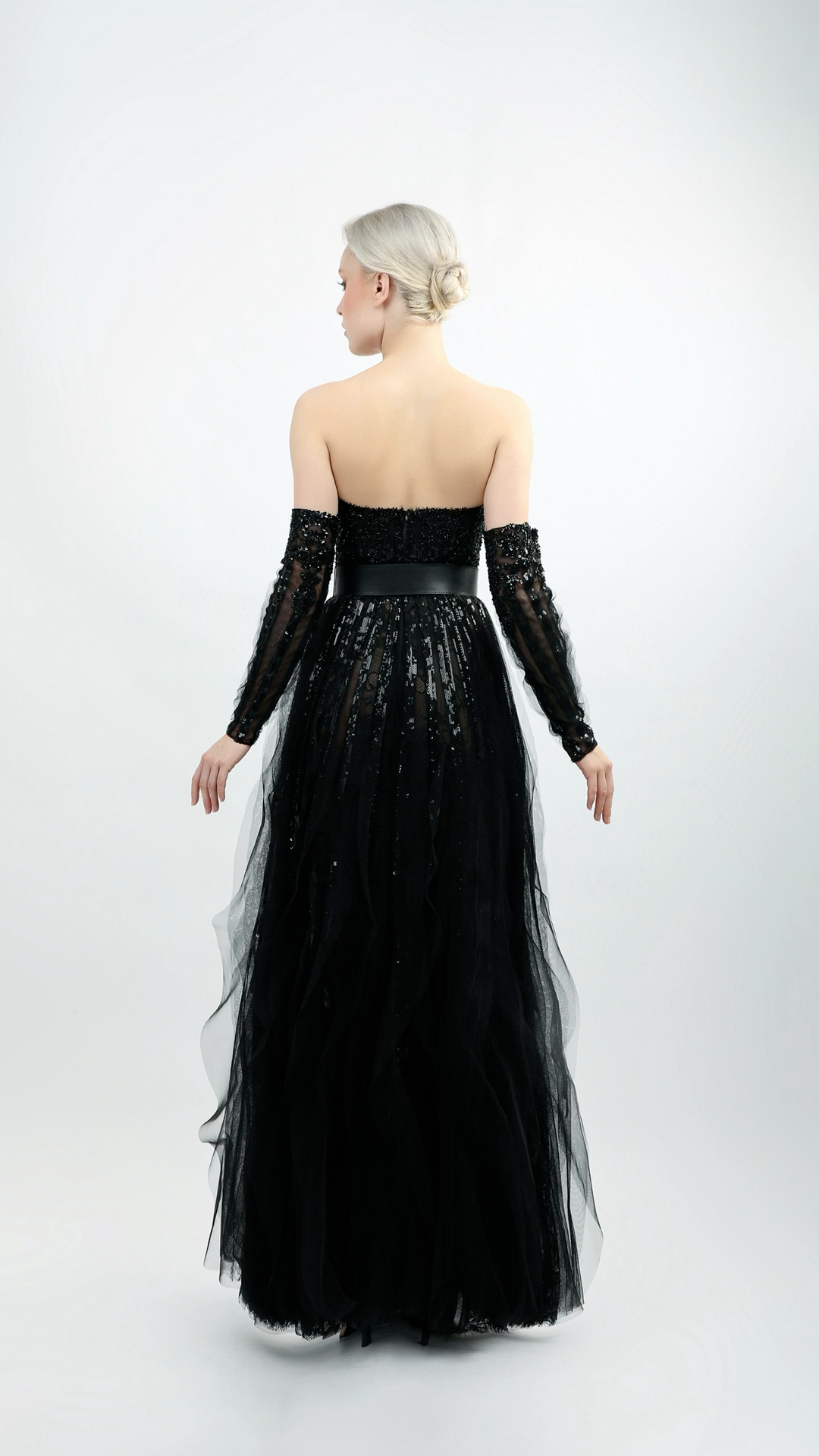 Strapless Belted Tulle Gown