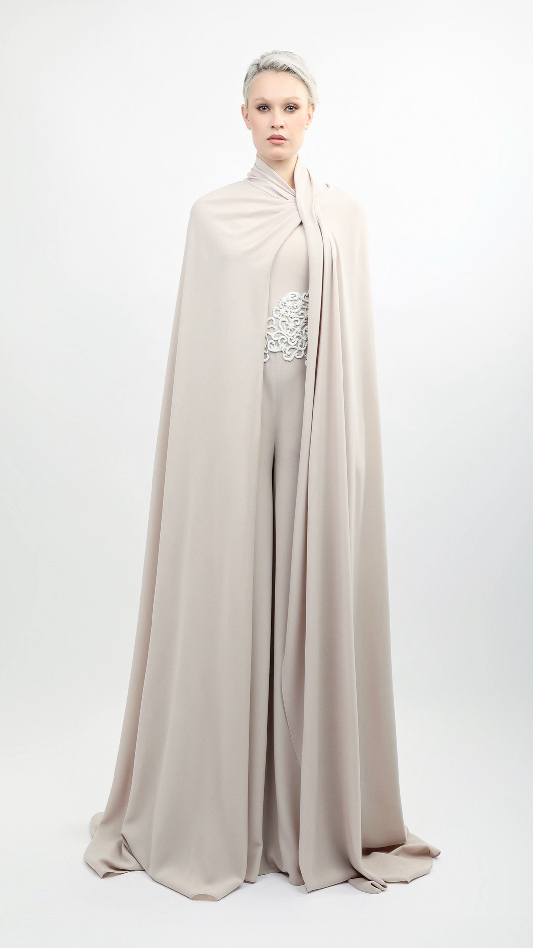 Crepe Jumpsuit with Handmade Beading and Side Cape | 1027