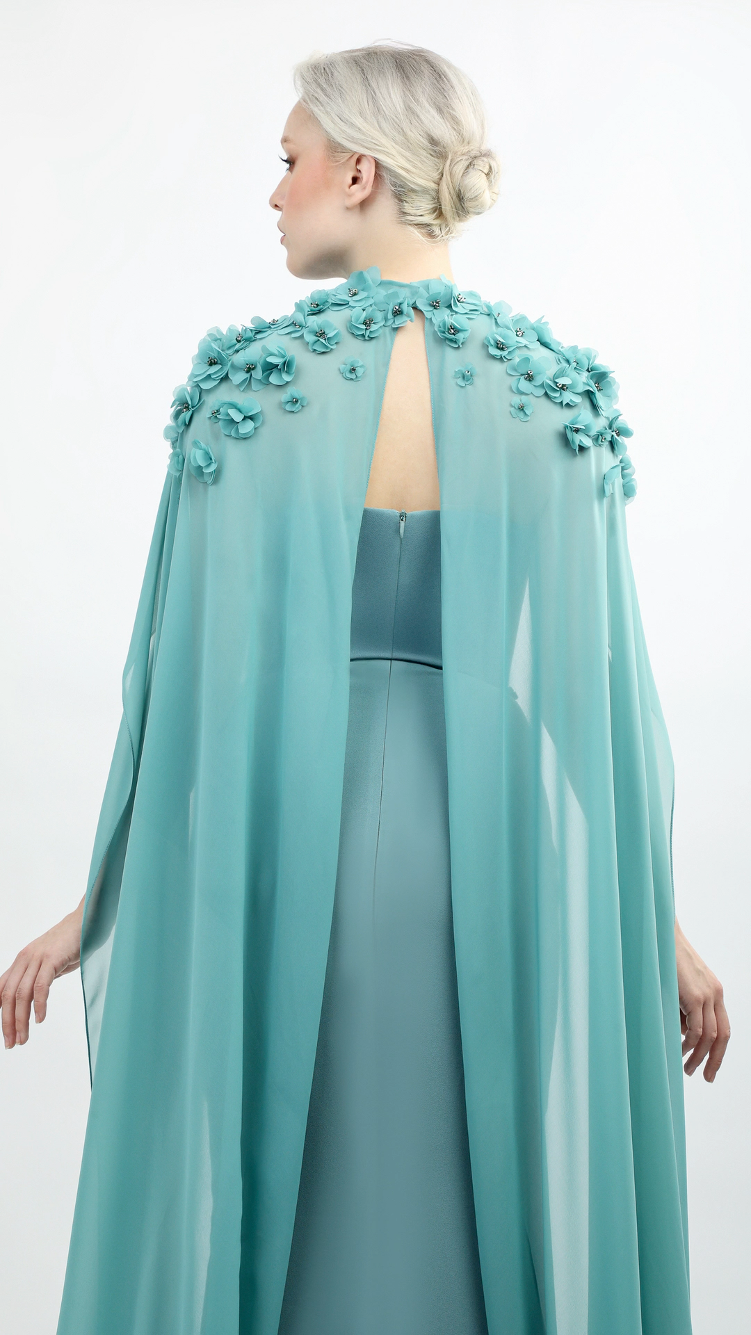 Strapless Crepe Gown with Mousseline Cape and 3D Floral Details | 1031