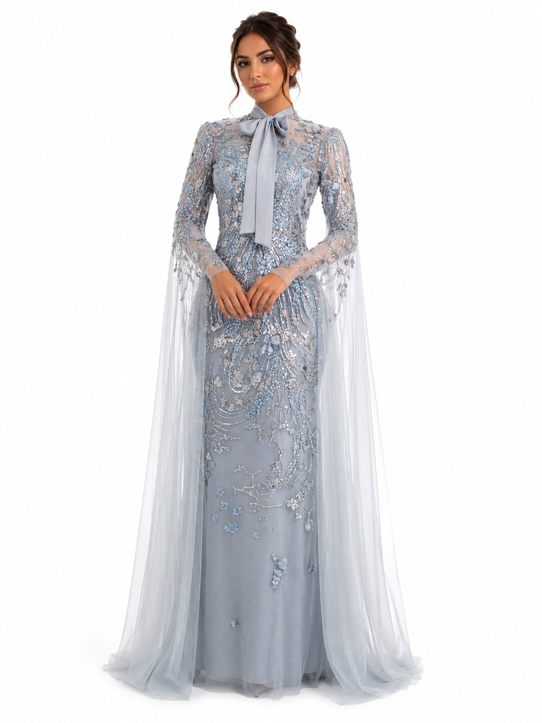 High-Neck Tulle A-Line Gown with Mousseline Detail