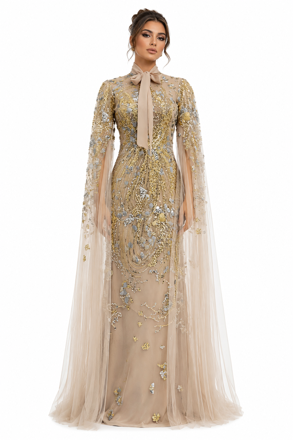 High-Neck Tulle A-Line Gown with Mousseline Detail