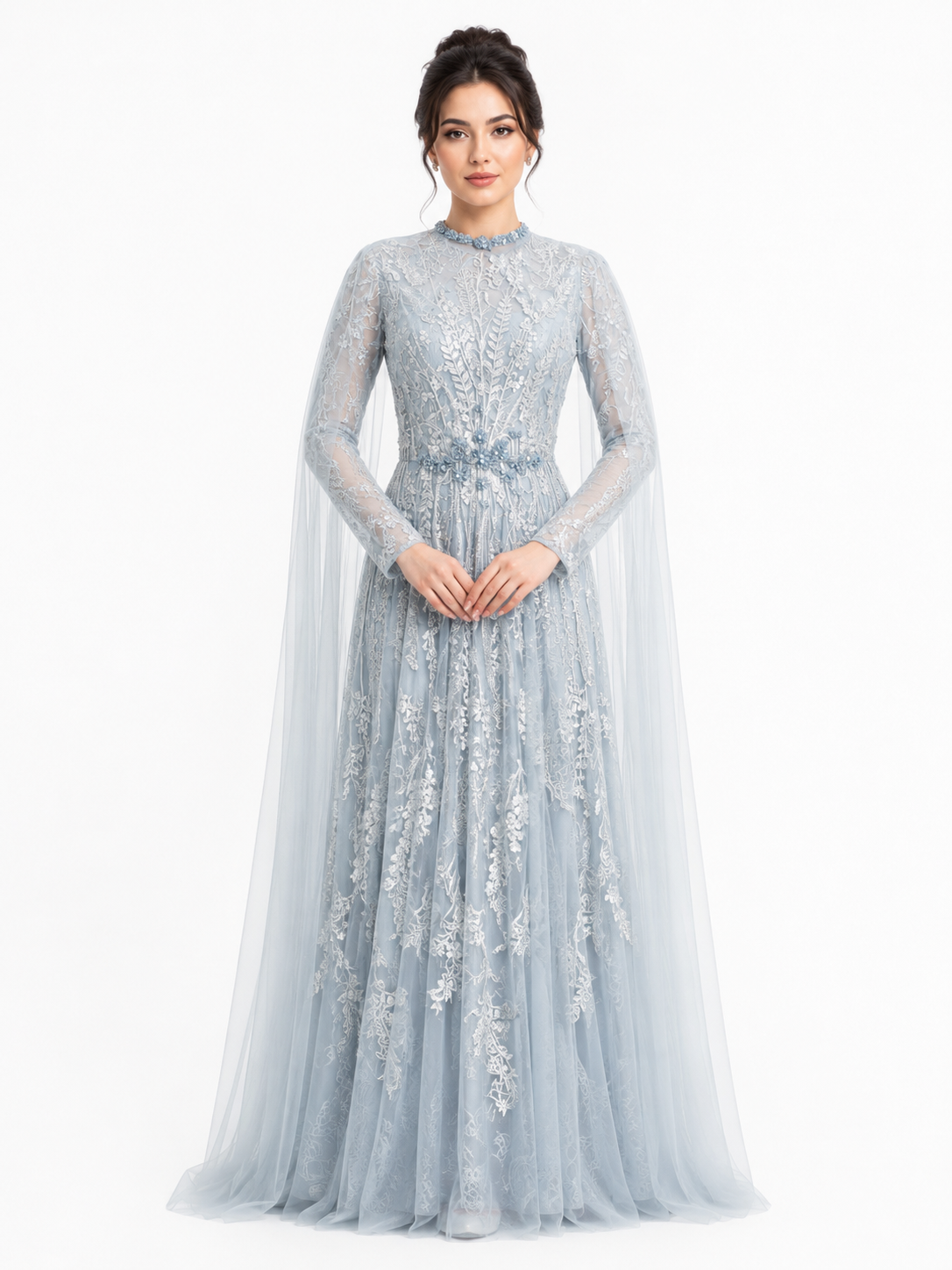 Floral Lace A-Line Gown with Swarovski Belt & Cape