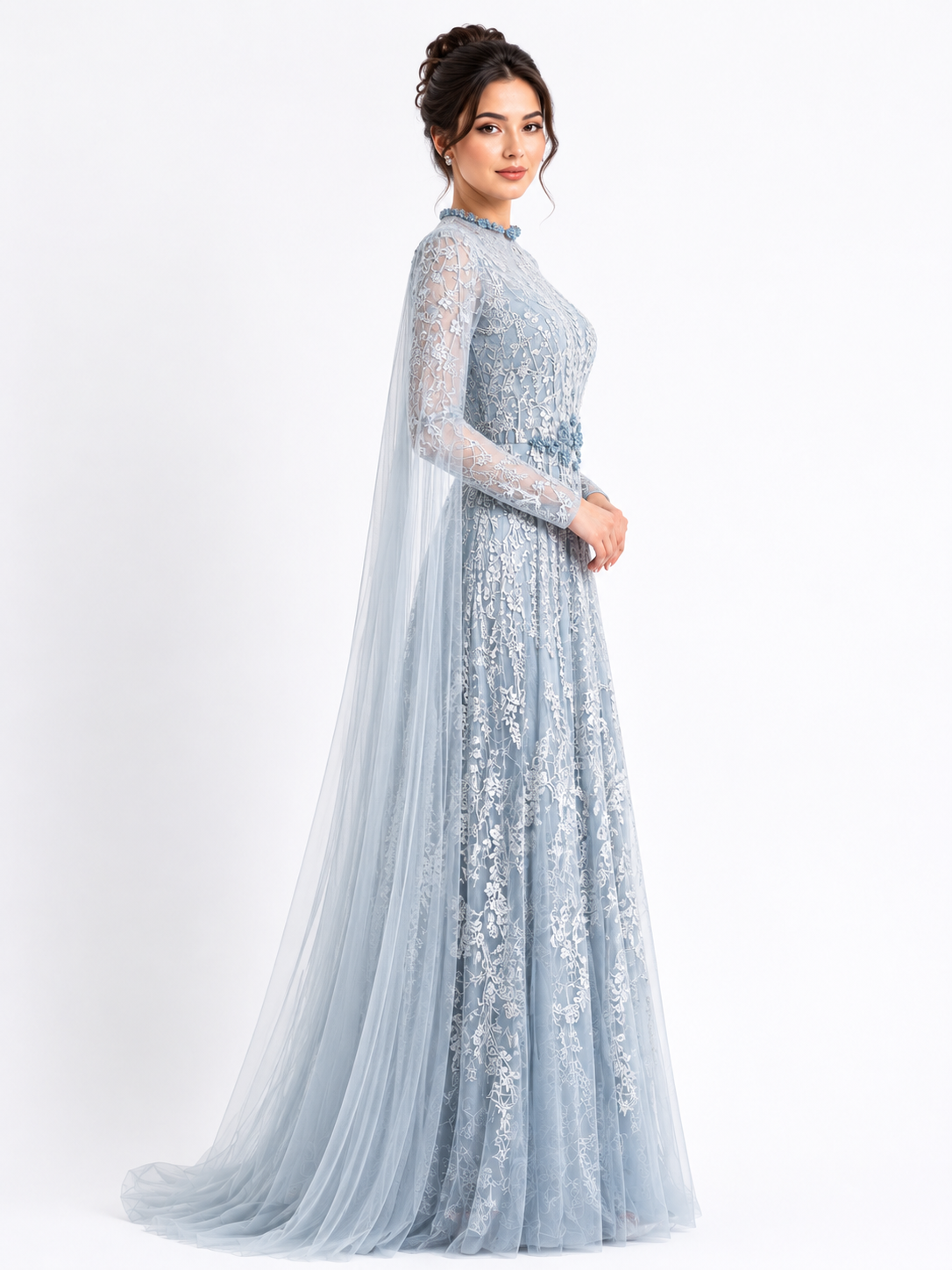 Floral Lace A-Line Gown with Swarovski Belt & Cape