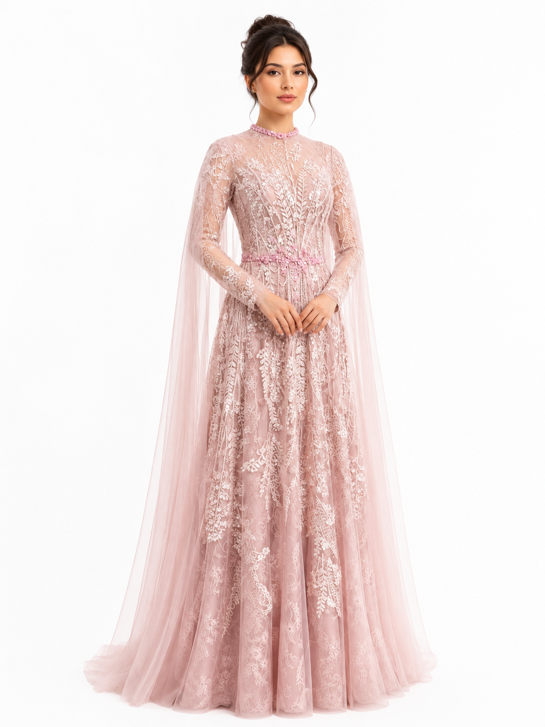 Floral Lace A-Line Gown with Swarovski Belt & Cape