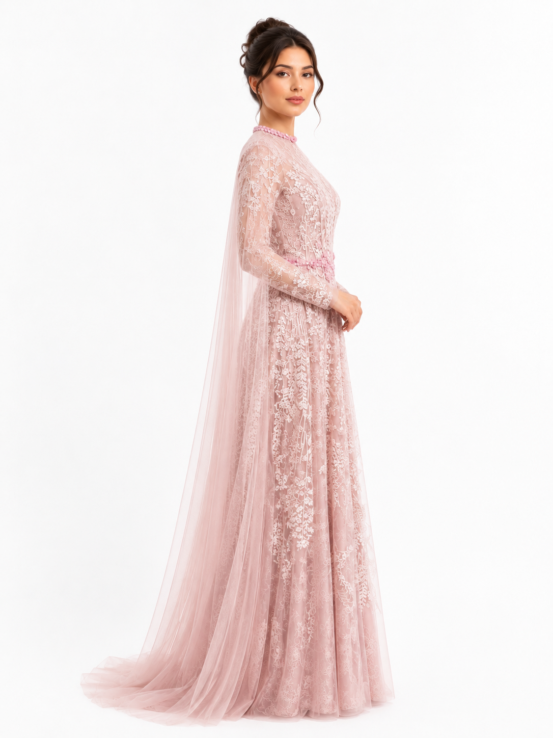 Floral Lace A-Line Gown with Swarovski Belt & Cape