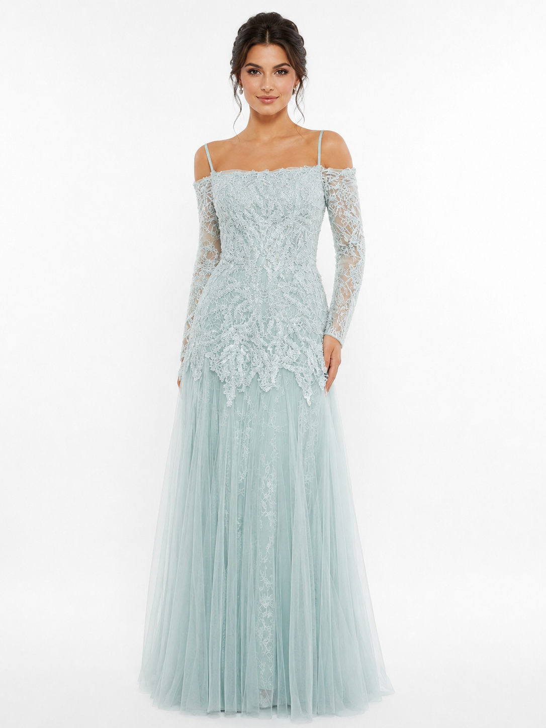Off-Shoulder Lace Gown with Long Sleeves
