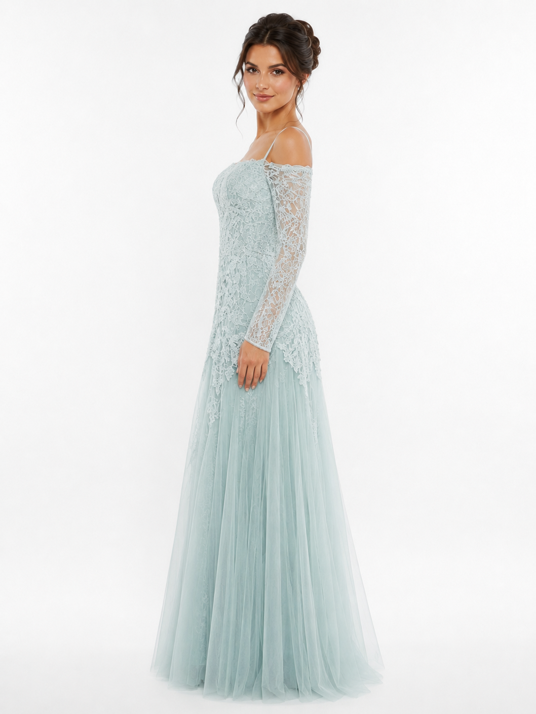 Off-Shoulder Lace Gown with Long Sleeves