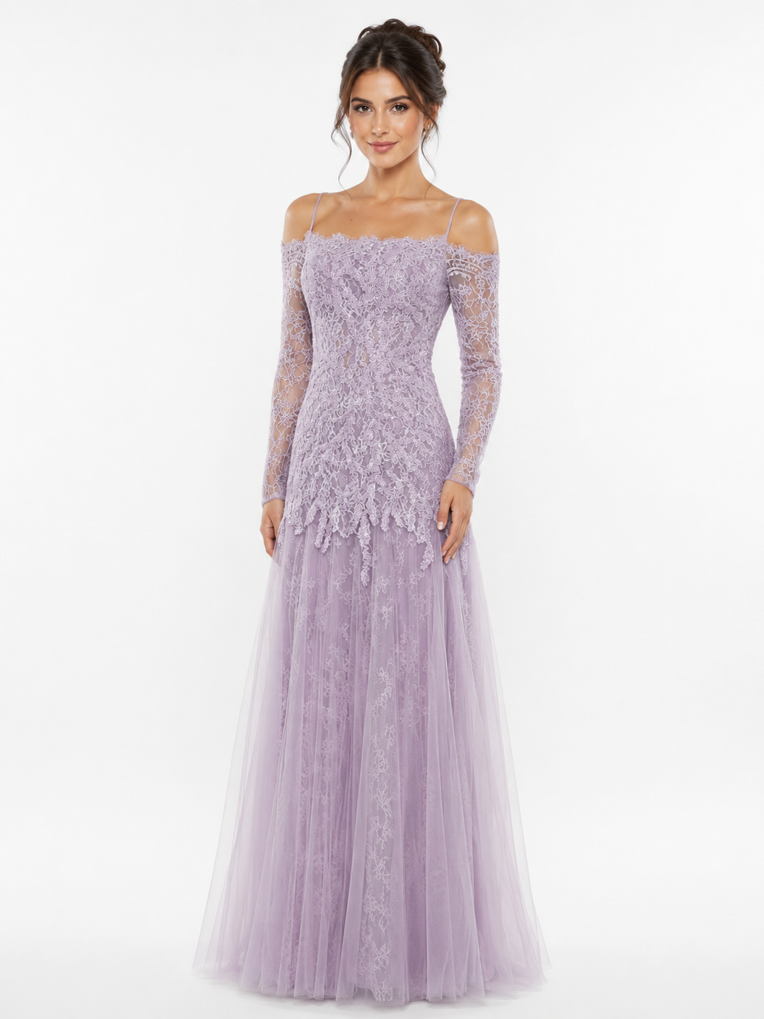 Off-Shoulder Lace Gown with Long Sleeves