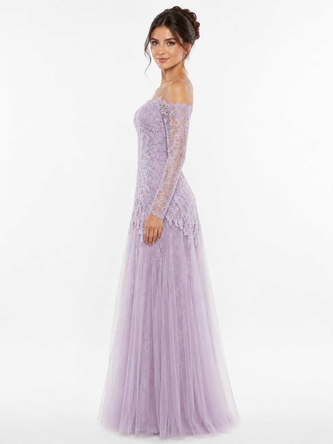 Off-Shoulder Lace Gown with Long Sleeves