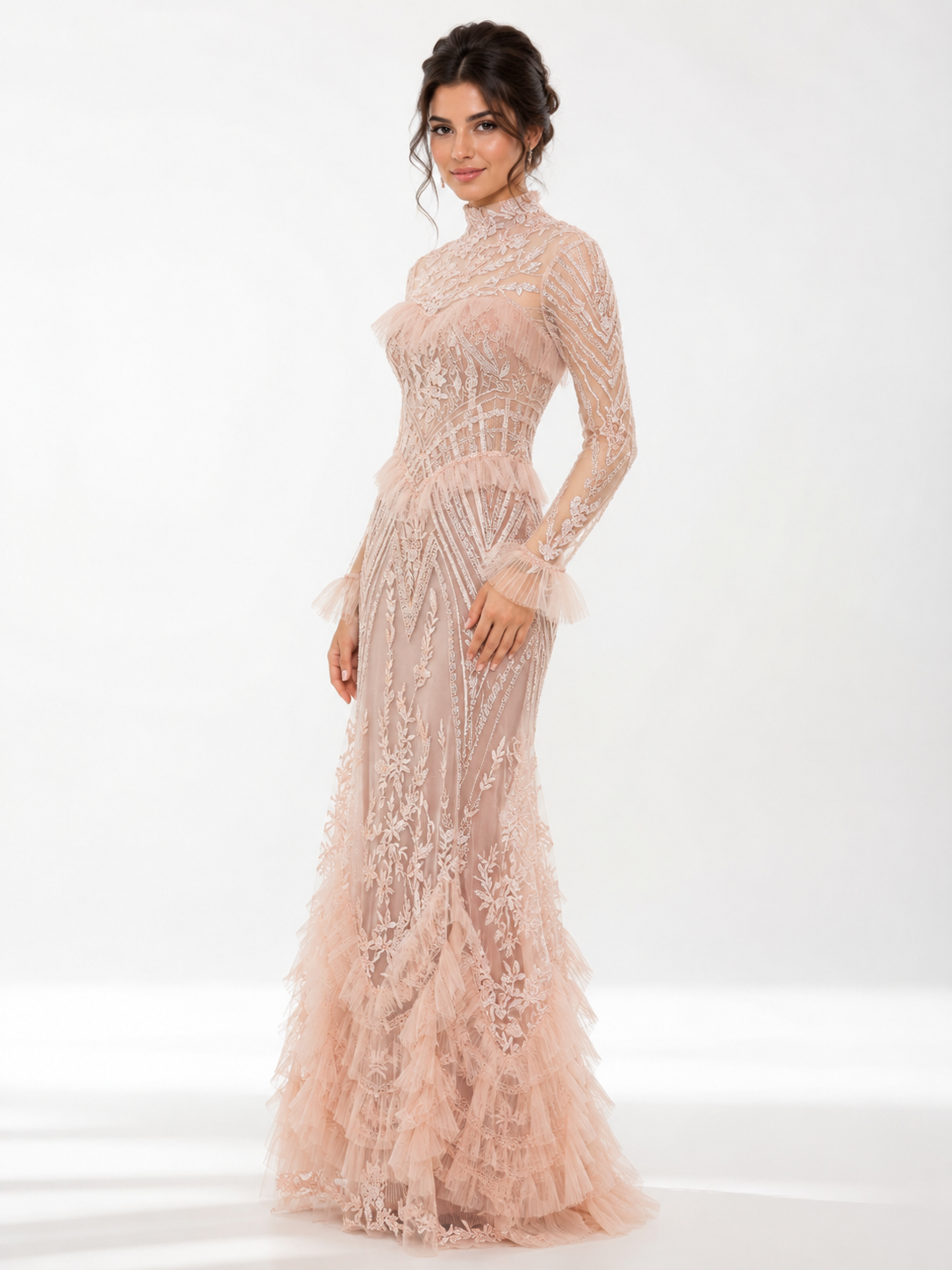 High-Neck Geometric Tulle A-Line Gown