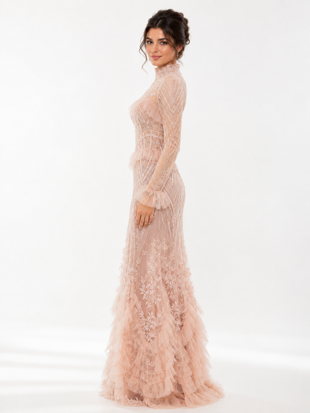 High-Neck Geometric Tulle A-Line Gown