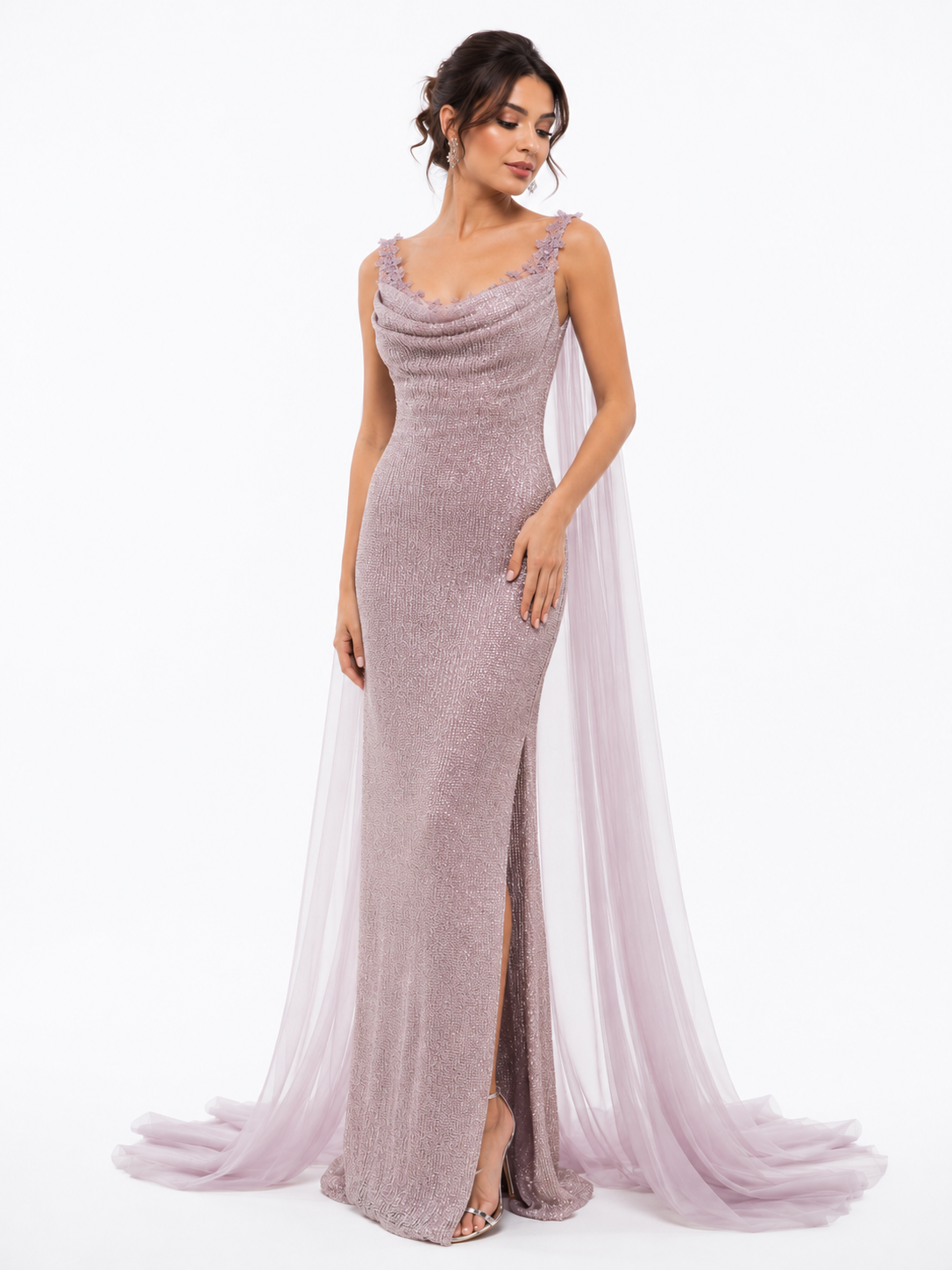 Embroidered Sequin Gown with Draped Strap Details