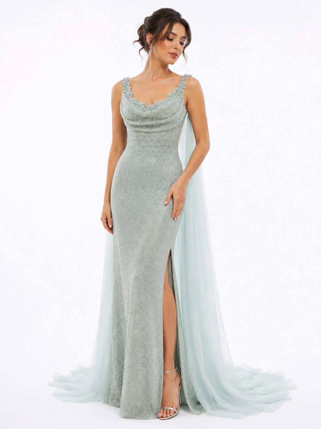 Embroidered Sequin Gown with Draped Strap Details