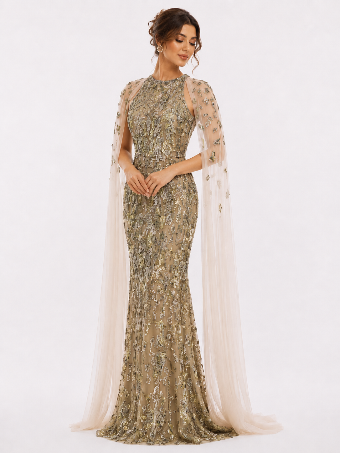 Embroidered Gown with Cape Sleeves