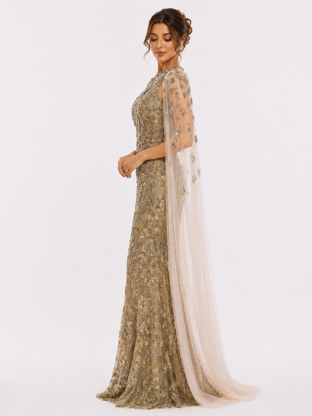 Embroidered Gown with Cape Sleeves
