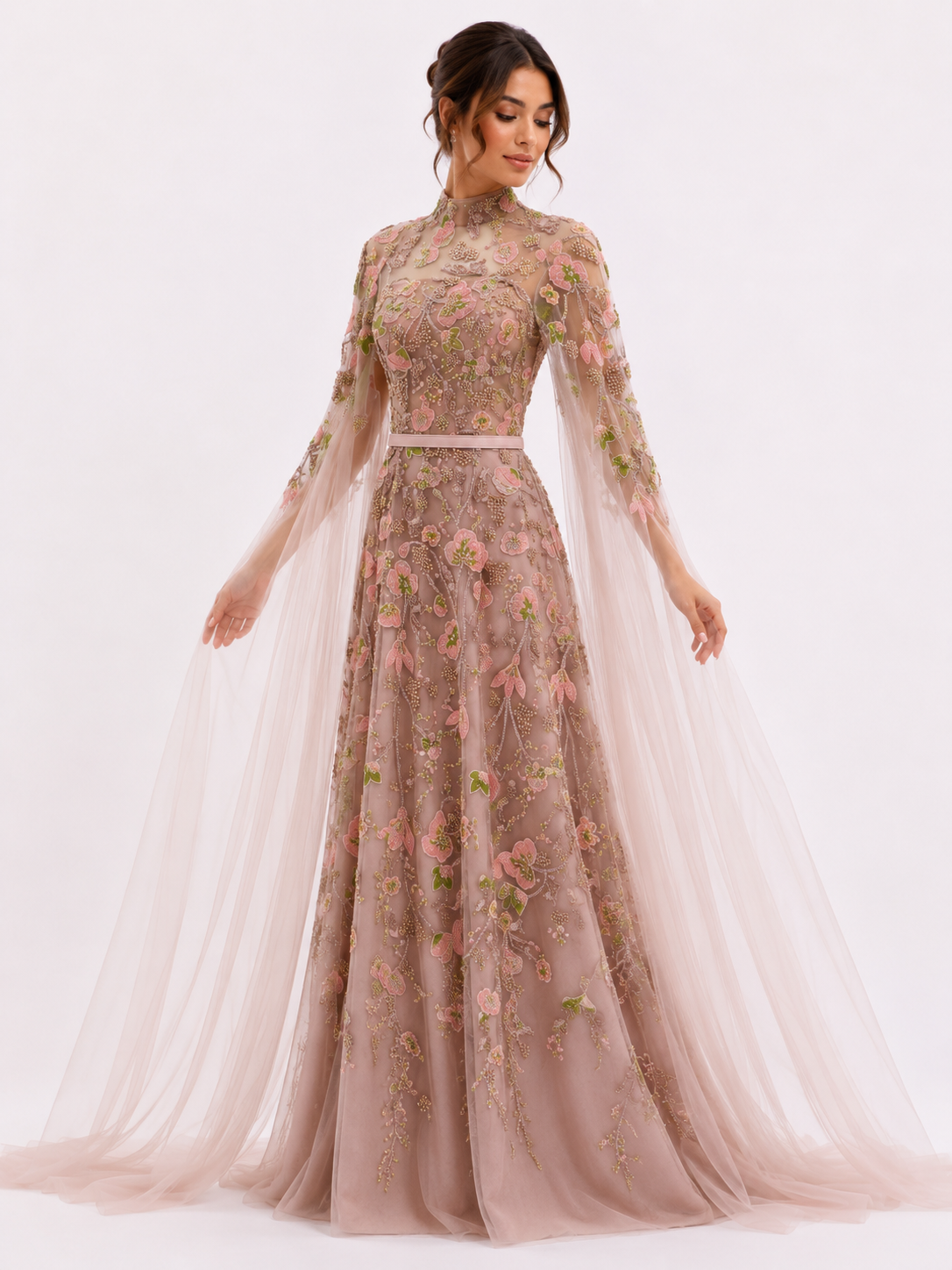 Strapless Tulle Gown with Embroidered Cape