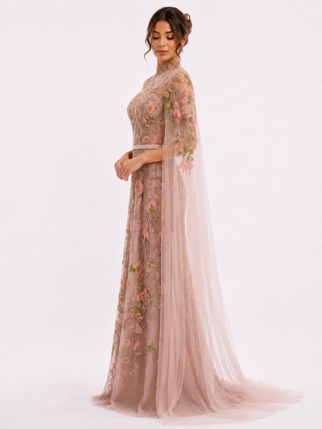 Strapless Tulle Gown with Embroidered Cape