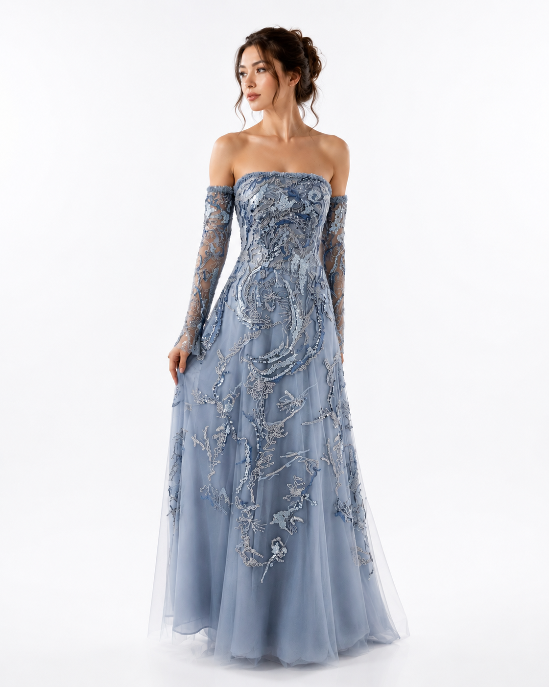 Off-Shoulder Embroidered Gown with Swarovski Details