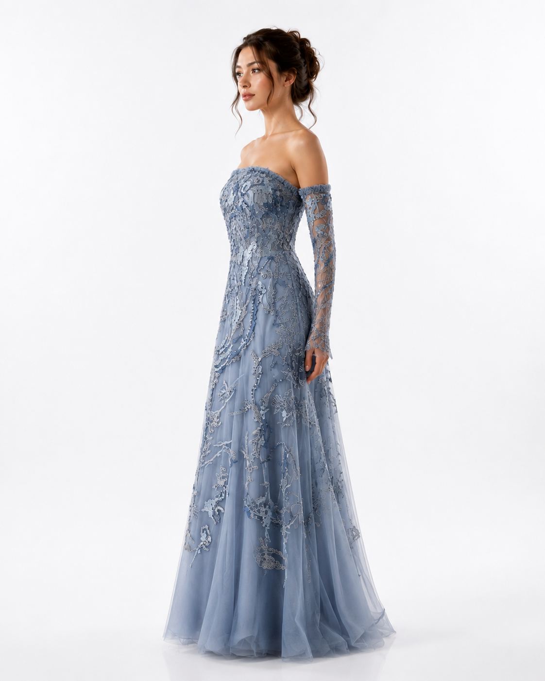 Off-Shoulder Embroidered Gown with Swarovski Details