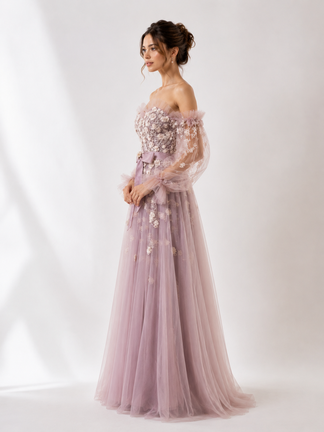 Off-Shoulder Embroidered Tulle Gown with Detachable Sleeves
