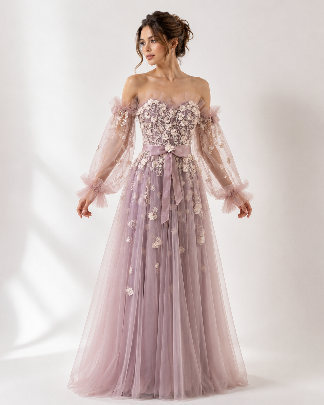 Off-Shoulder Embroidered Tulle Gown with Detachable Sleeves