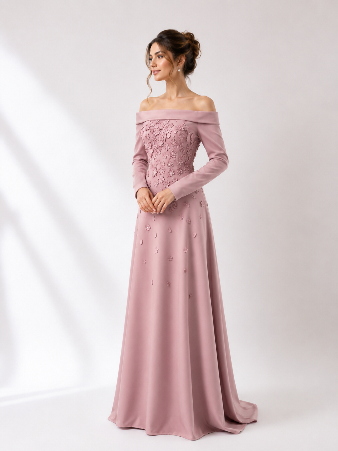 Off-Shoulder Crepe Midi Dress with 3D Florals
