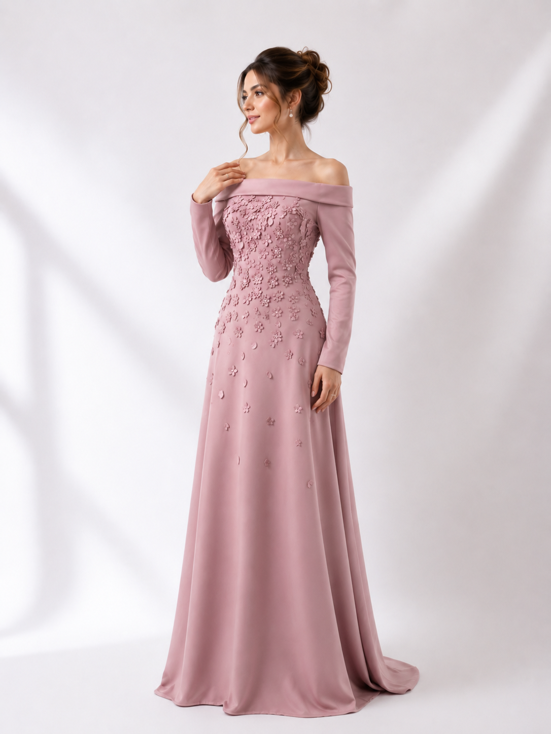 Off-Shoulder Crepe Midi Dress with 3D Florals
