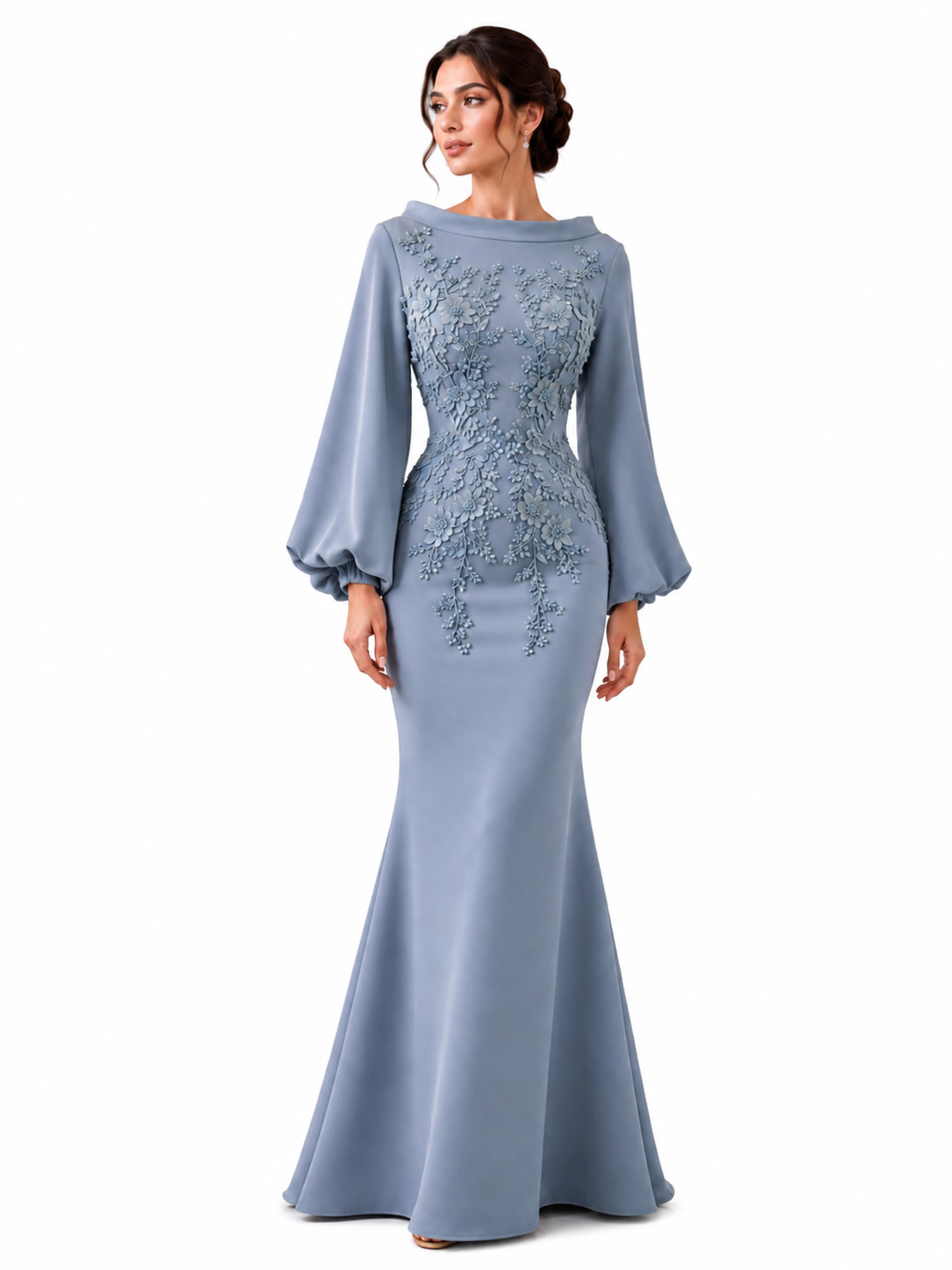 High-Neck Crepe Mermaid Gown with 3D Flowers
