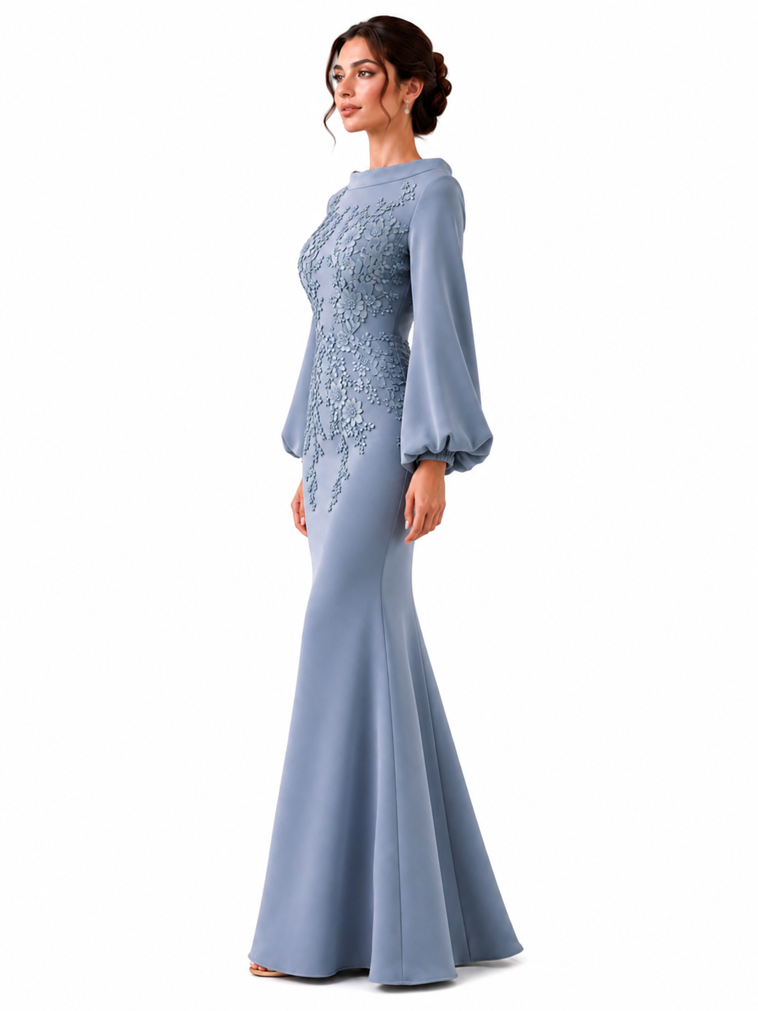 High-Neck Crepe Mermaid Gown with 3D Flowers
