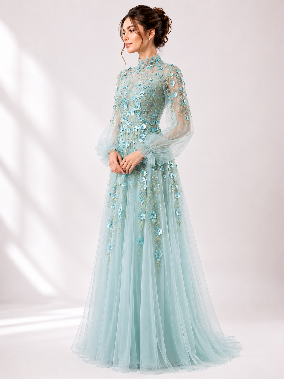 High-Neck Tulle Gown with 3D Floral Embroidery