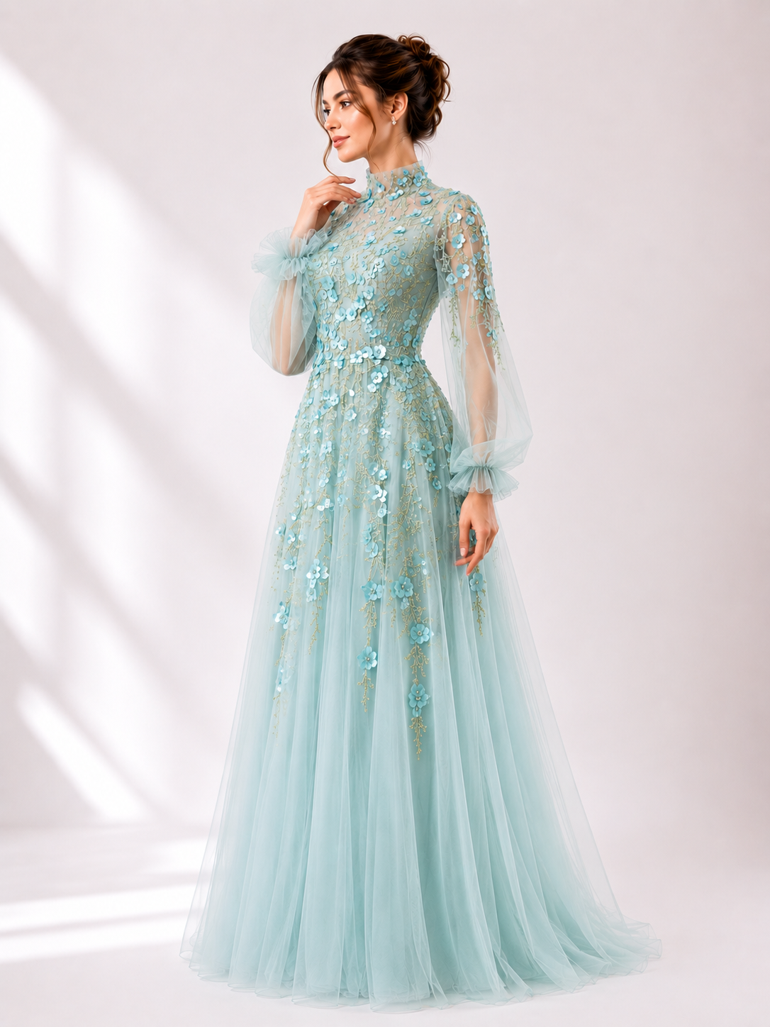 High-Neck Tulle Gown with 3D Floral Embroidery
