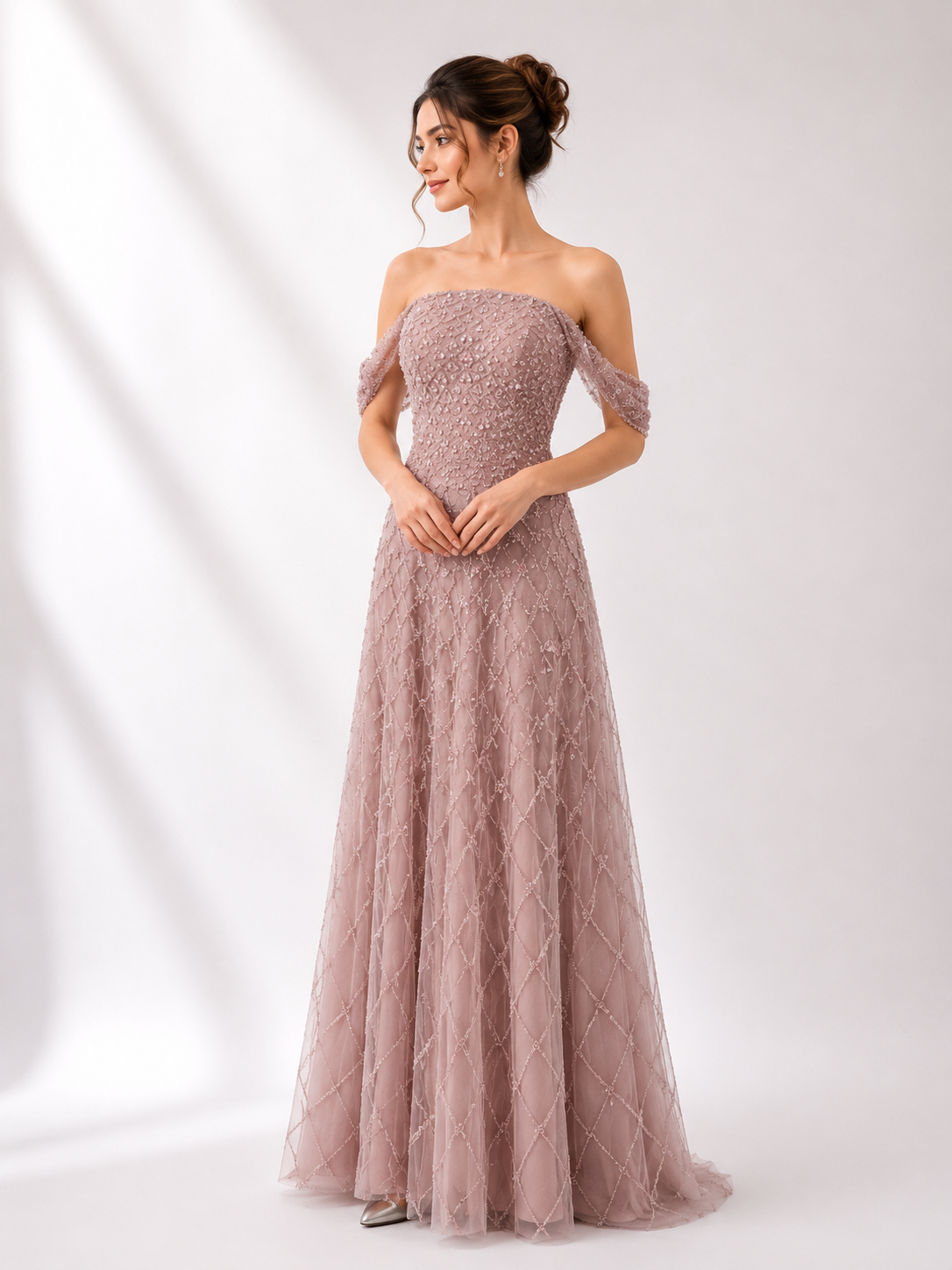 Strapless Embroidered Tulle Gown with Organza Drape