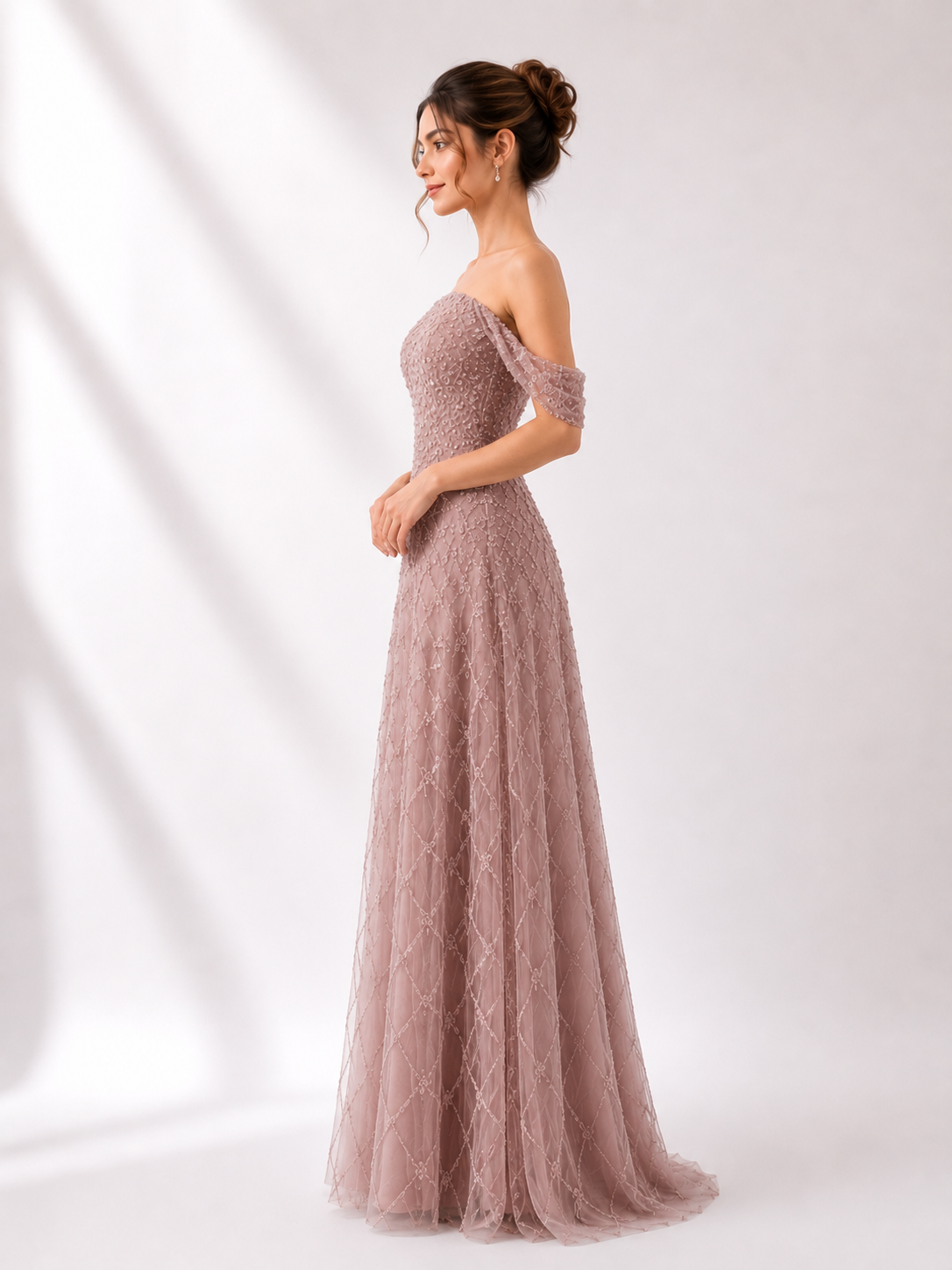 Strapless Embroidered Tulle Gown with Organza Drape