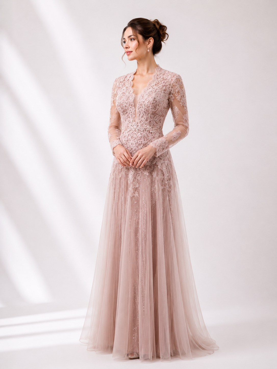 Deep V-Neck Lace & Tulle Gown with Floral Belt