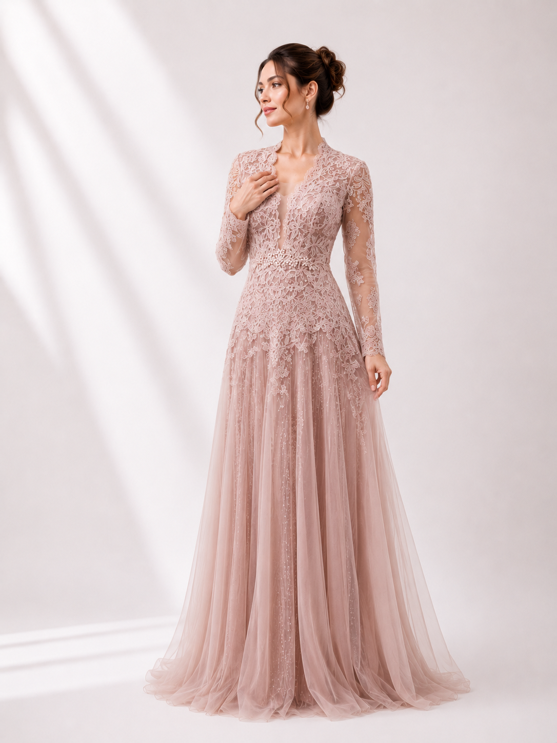 Deep V-Neck Lace & Tulle Gown with Floral Belt