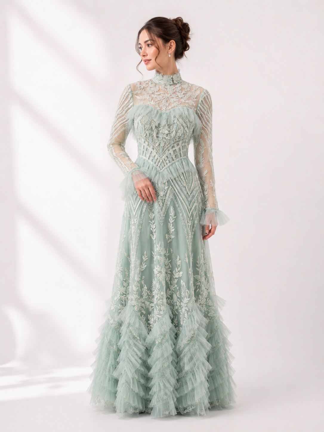 High-Neck Geometric Tulle A-Line Gown