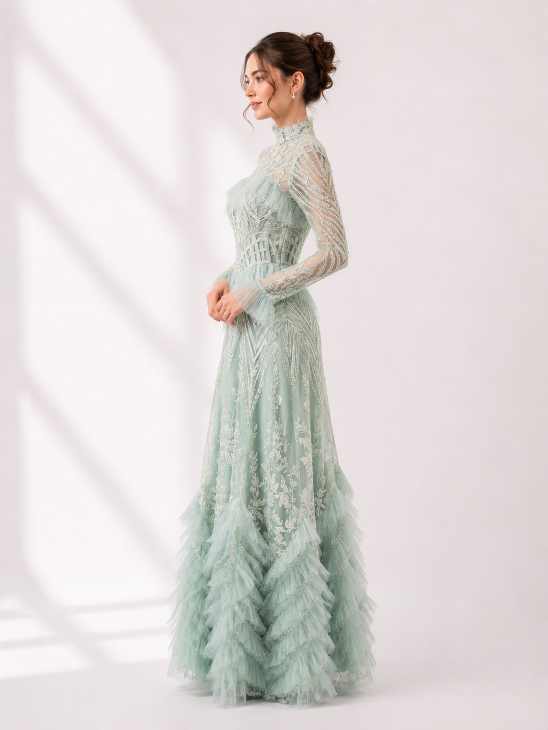 High-Neck Geometric Tulle A-Line Gown