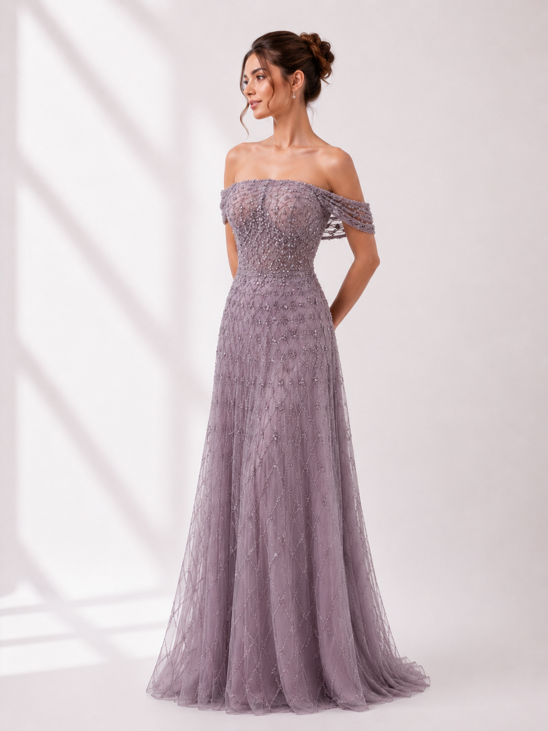 Strapless Embroidered Tulle Gown with Organza Drape